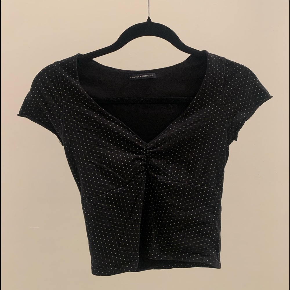 Black Brandy Melville cropped baby tee with white polka dots